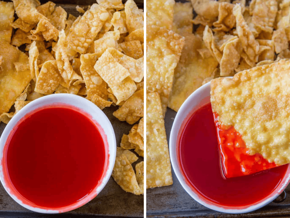 collage of wontons and wonton being dipped in sauce