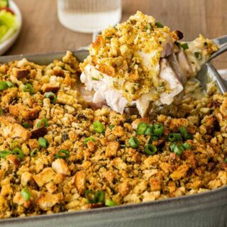 Spoonful of chicken casserole from serving dish 4x3