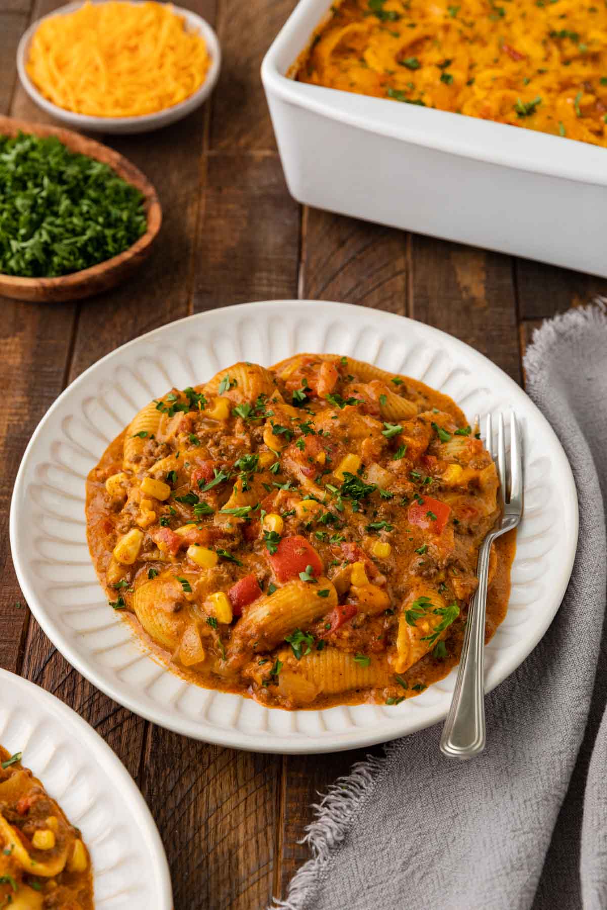 Tex Mex Cheesy Beef Pasta in bowl with fork