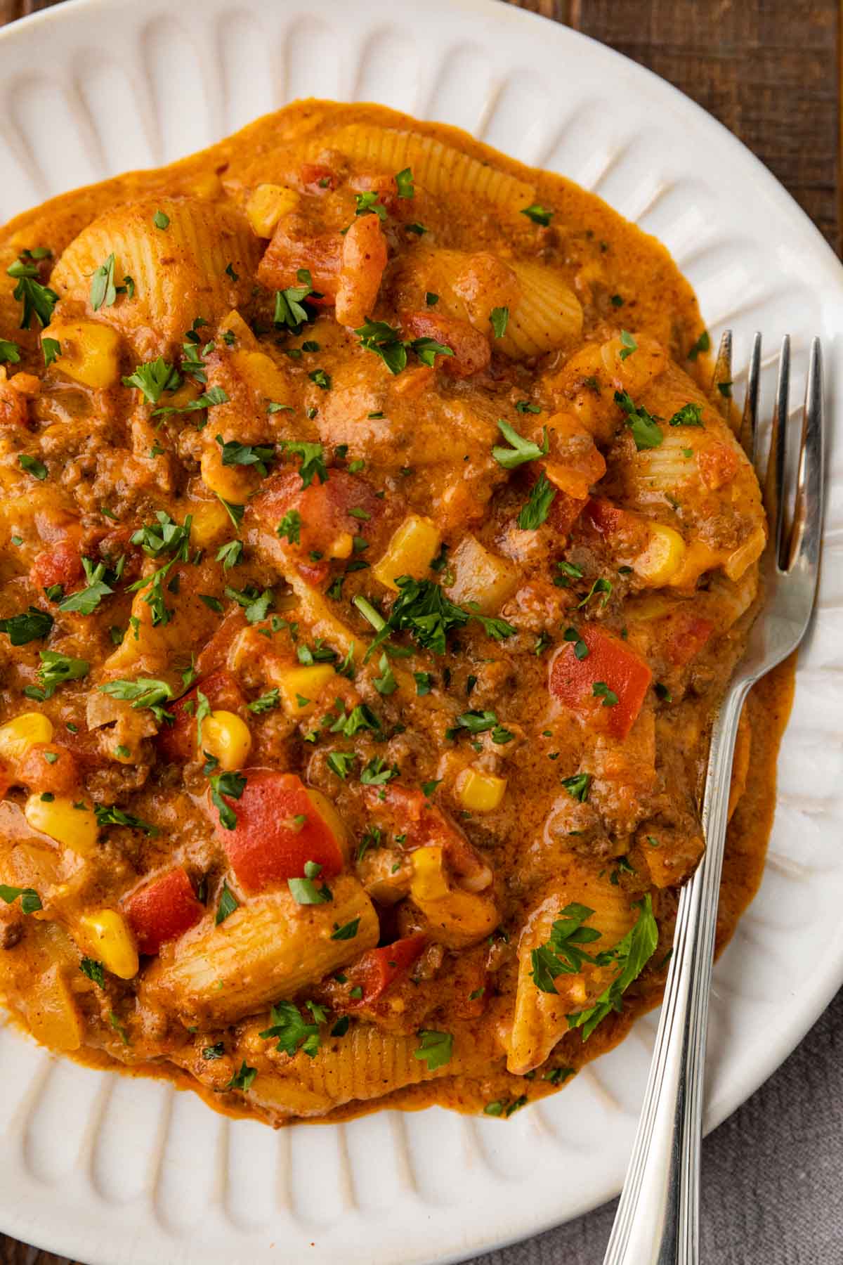 Tex Mex Cheesy Beef Pasta in bowl with fork