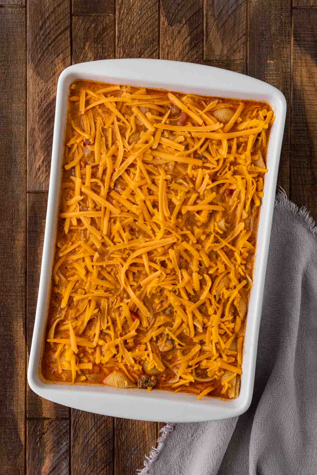 Tex Mex Cheesy Beef Pasta in baking dish uncooked