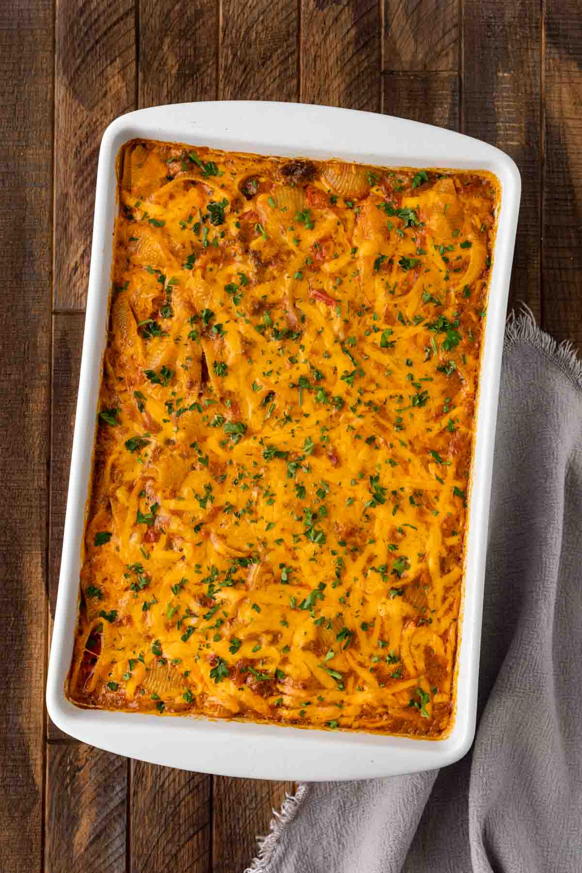 Tex Mex Cheesy Beef Pasta in baking dish baked