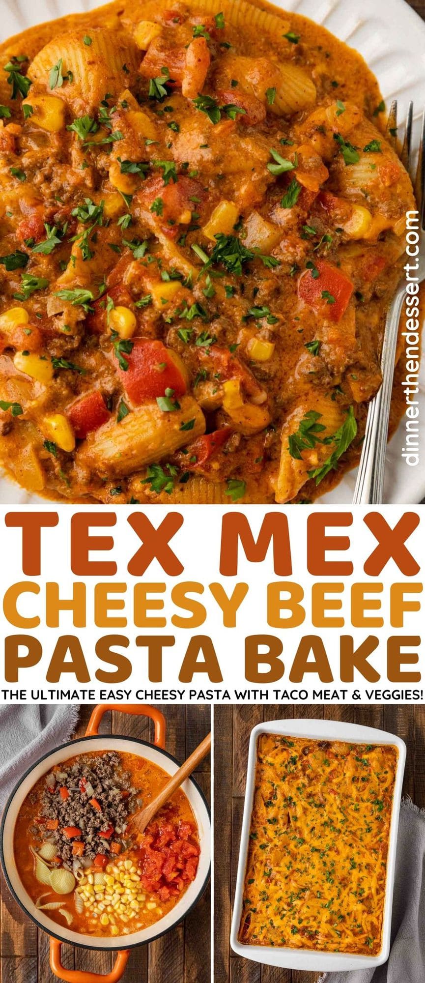 Tex Mex Cheesy Beef Pasta in bowl and preparation collage