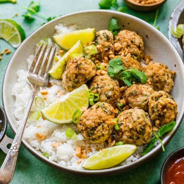 Thai Chicken Meatballs with rice on serving plate 1x1