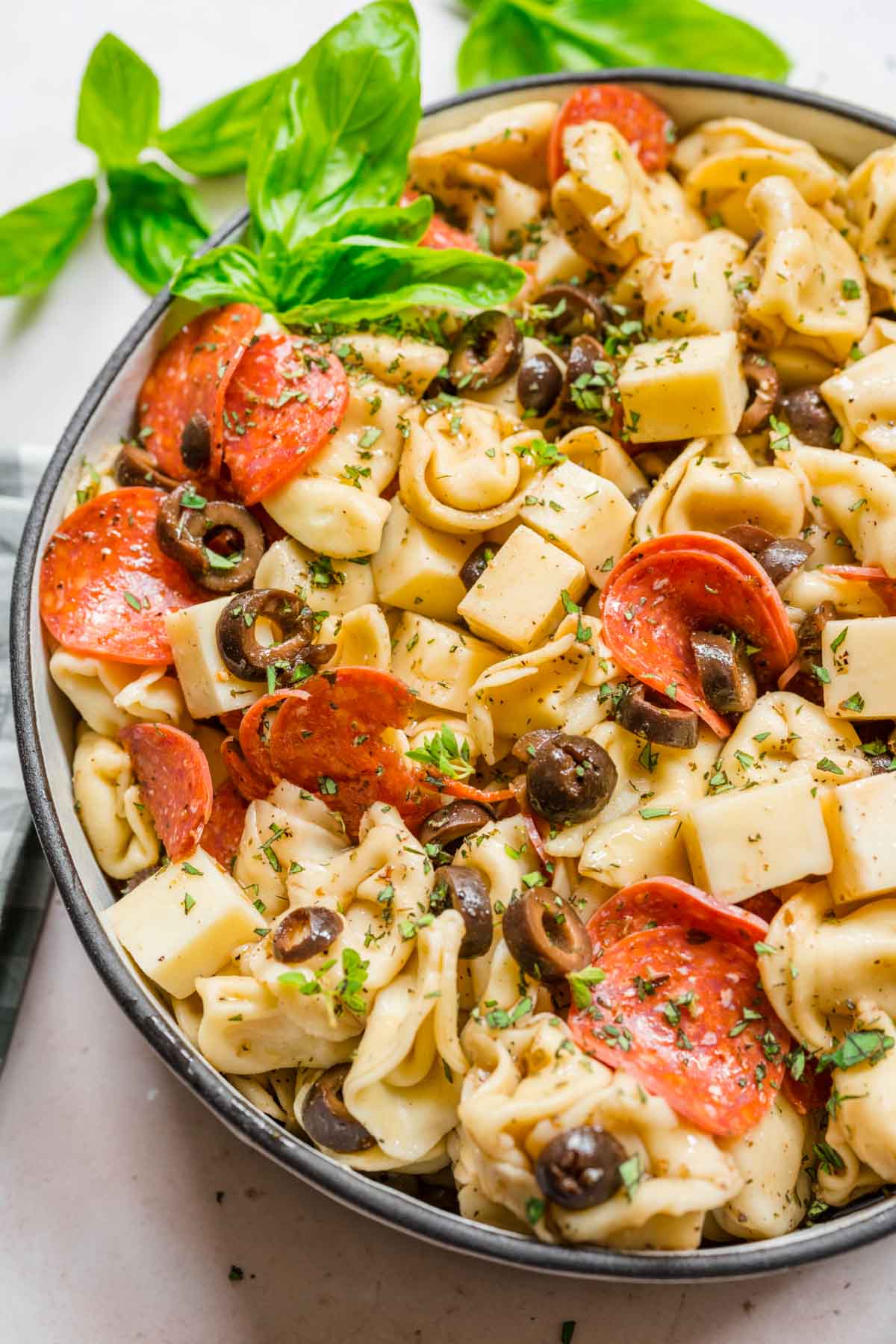 Tortellini Salad in serving bowl