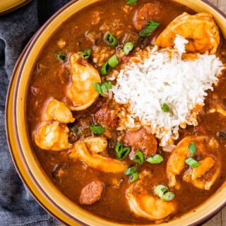 Ultimate Gumbo in bowl with rice.