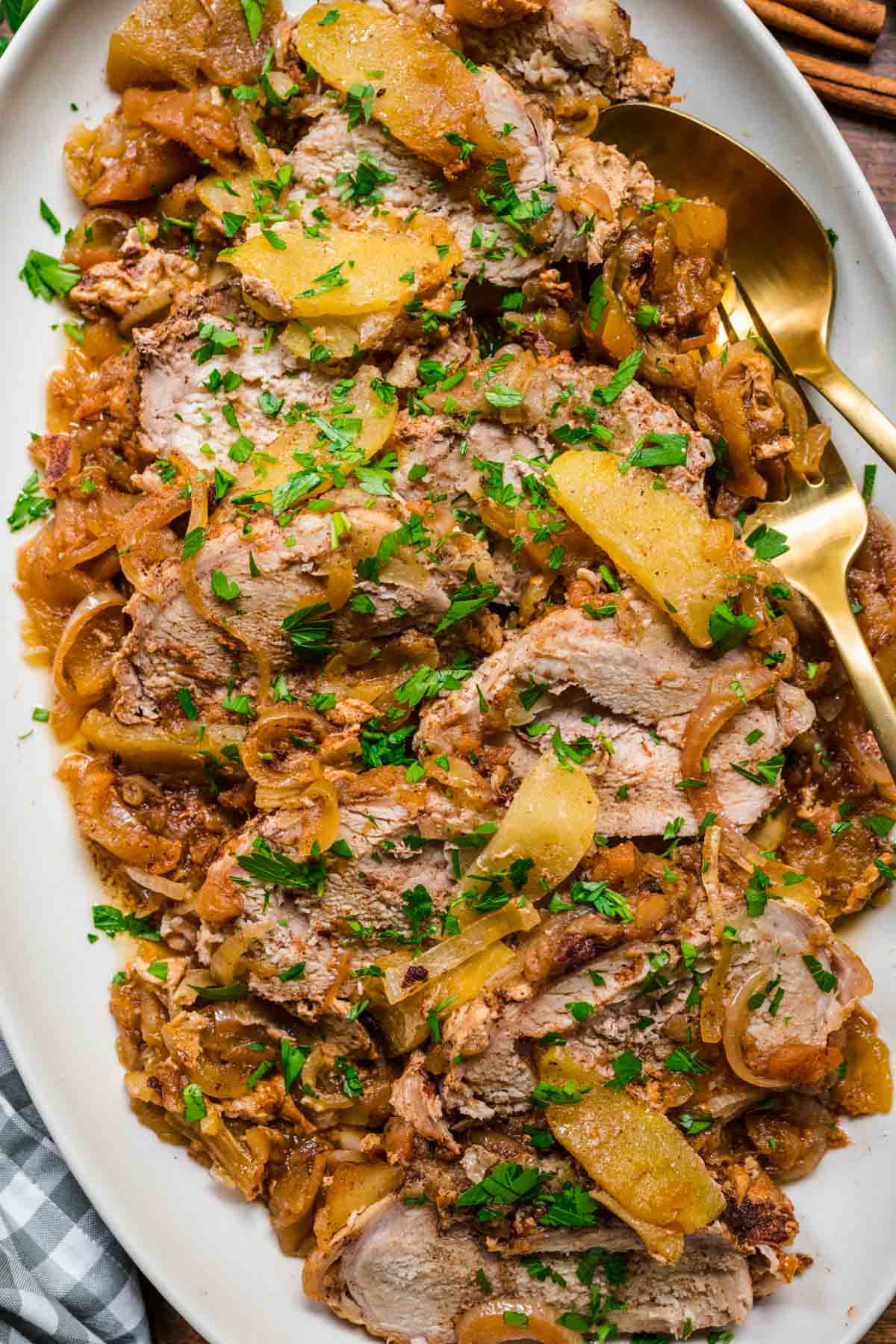 Apple Cinnamon Pork Loin sliced on serving platter