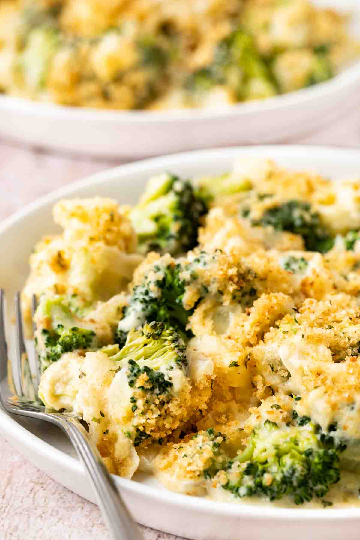 Baked Parmesan Broccoli Casserole on serving plate