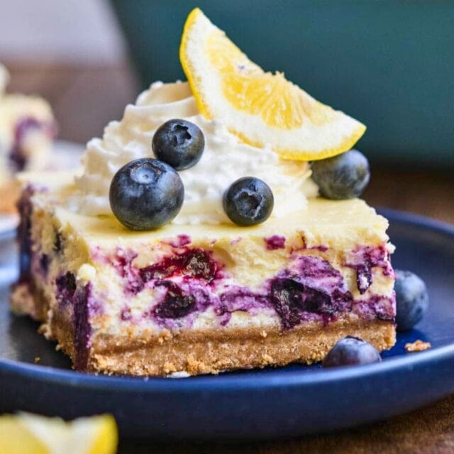 Plated Blueberry Lemon Cheesecake square