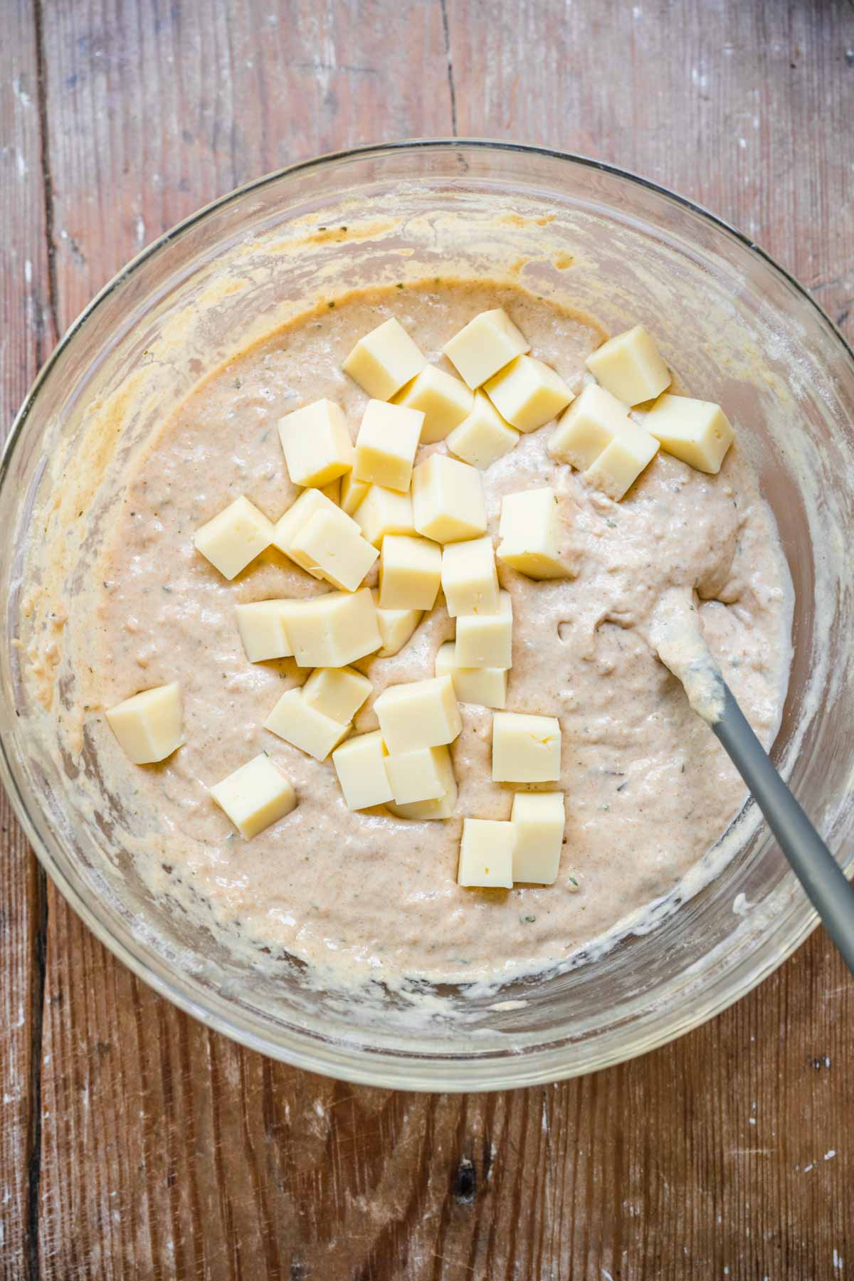 Cheesy Herb Muffins ingredients in mixing bowl