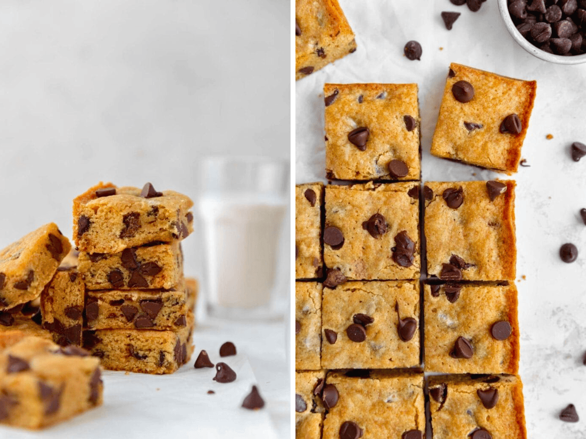 Collage of stacked chocolate chip dessert and squares