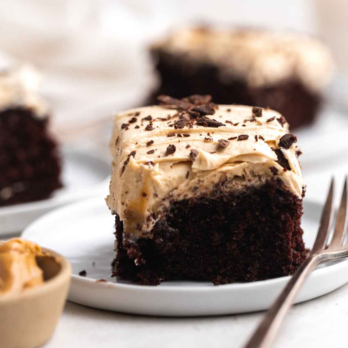 Peanut Butter Chocolate Poke Cake slice on plate with fork