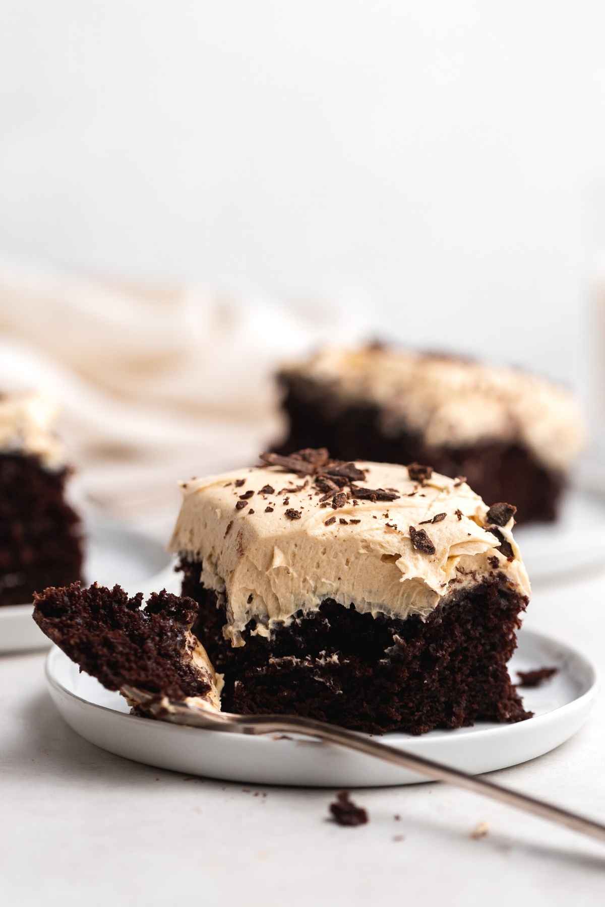 Peanut Butter Chocolate Poke Cake slice on plate with fork