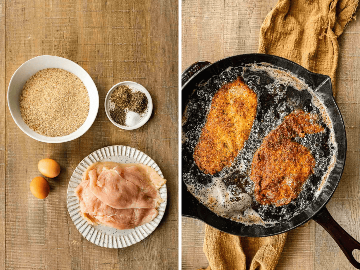 Collage of ingredients and chicken cooking