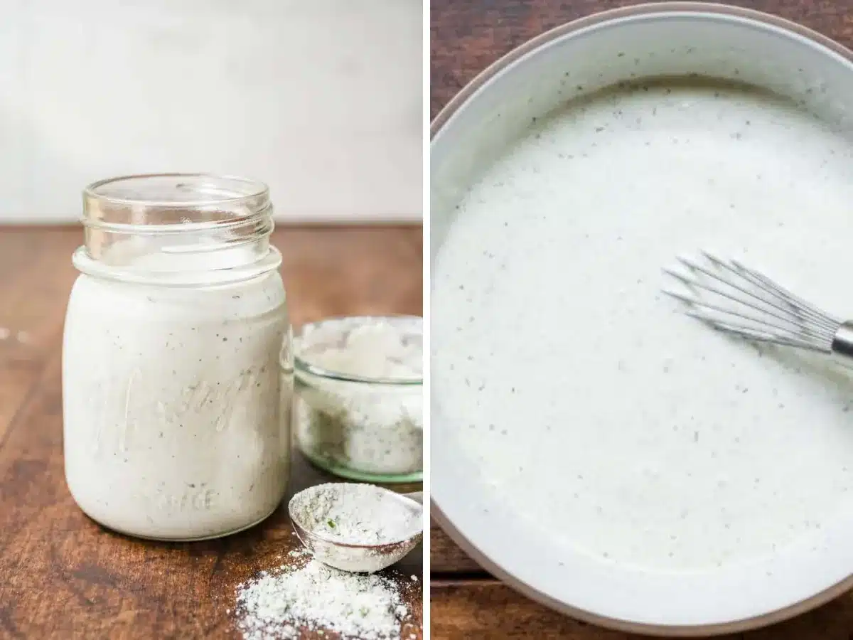 dressing in a mason jar and in a bowl 