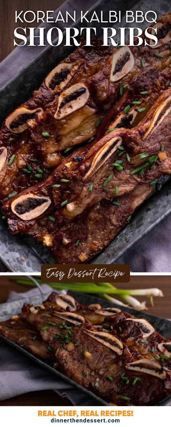 Cooked ribs on serving tray with green onions around tray. Pin image