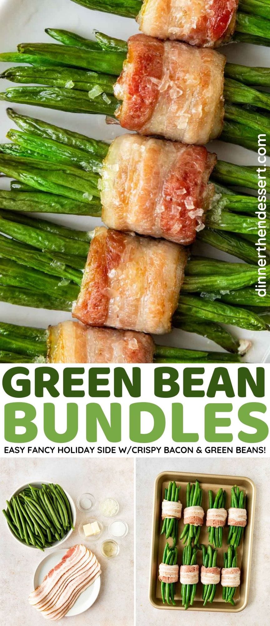 Green Bean Bundles wrapped in bacon cooked on plate collage