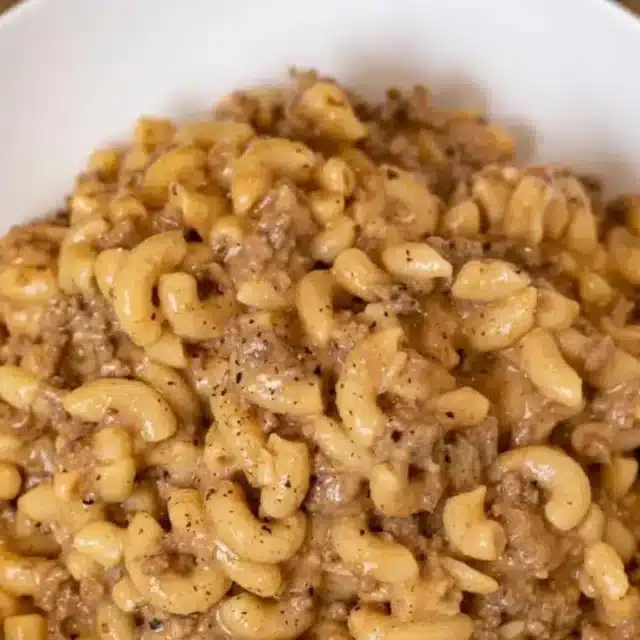 Pasta and beef served on plate
