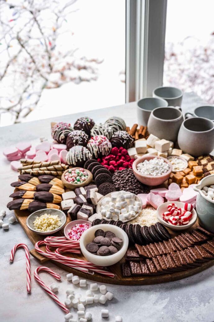 Hot Chocolate Charcuterie Board with mugs