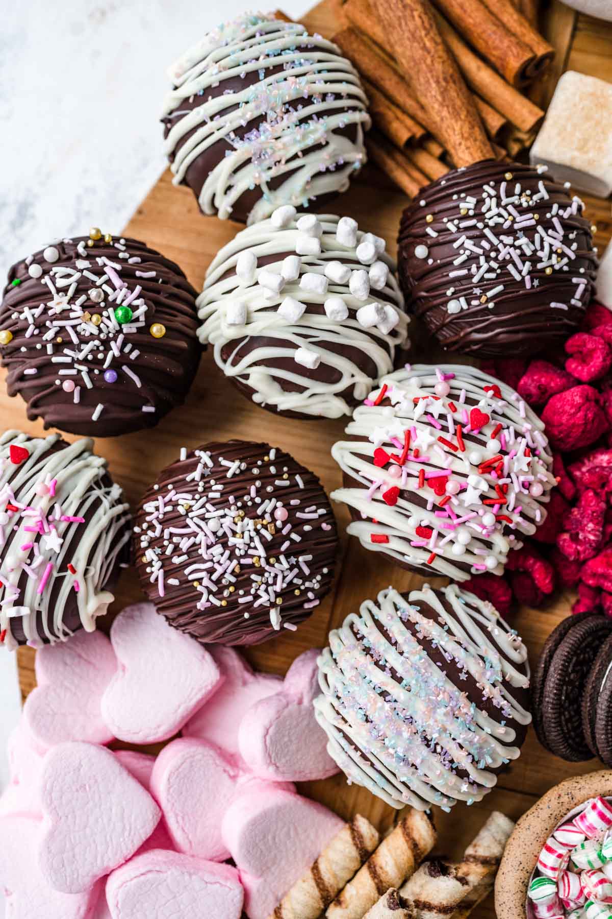 Hot Chocolate Bombs decorated and presented with cookies and candies