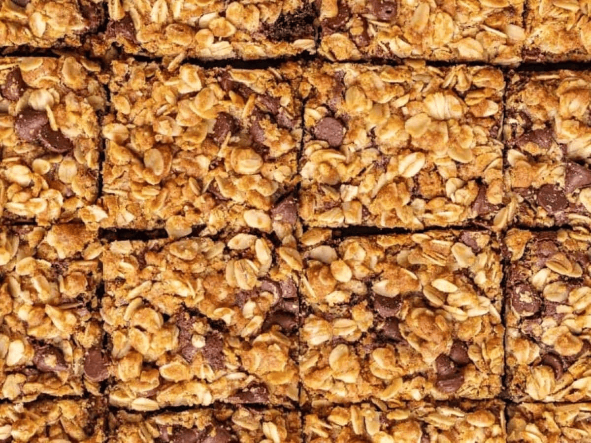 Cut up brownies with oatmeal on sheet pan
