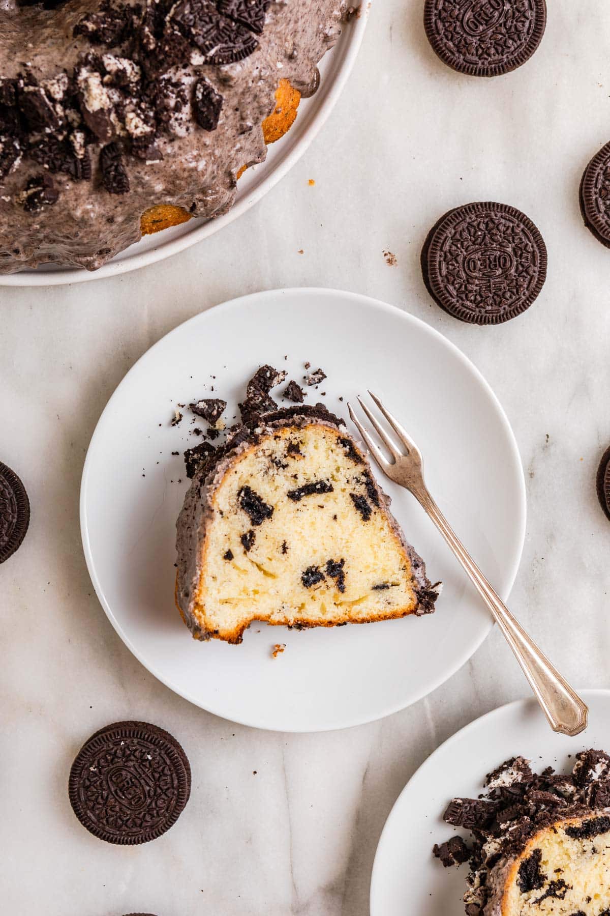 Oreo Bundt Cake slice on serving plate