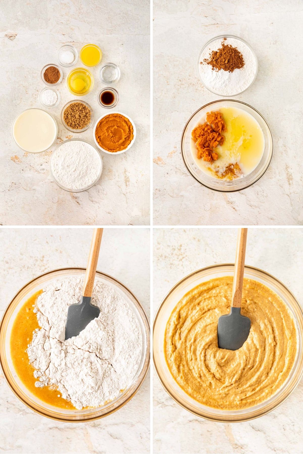 Pumpkin Pancakes batter ingredients and preparation collage