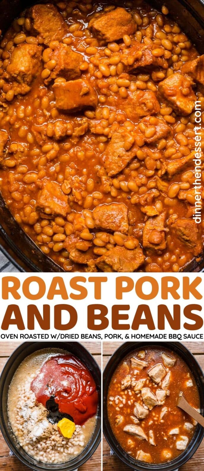 Roast Pork and Beans in baking dish cooked and preparation collage