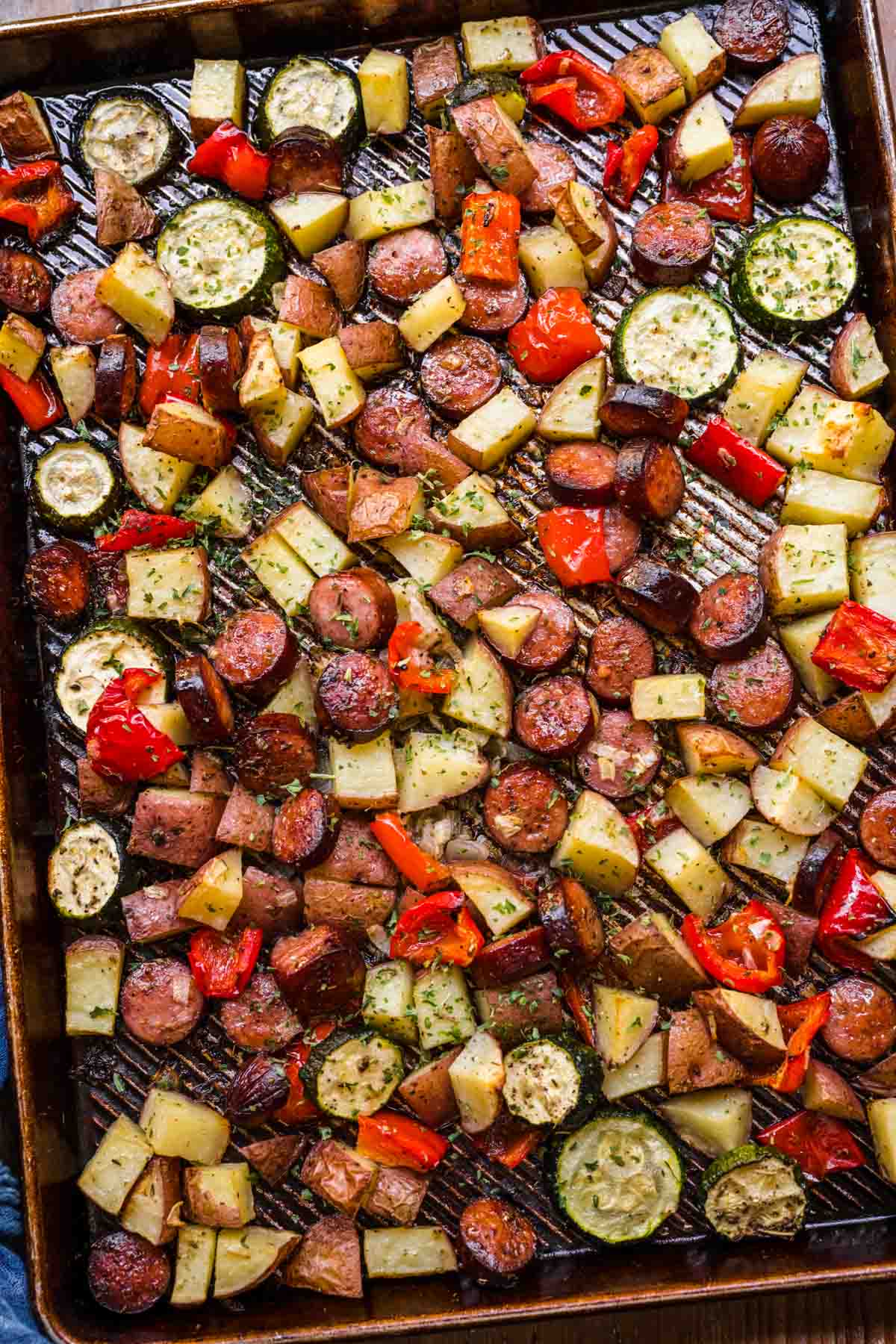 Sheet Pan Sausage and Vegetables on baking sheet after cooking