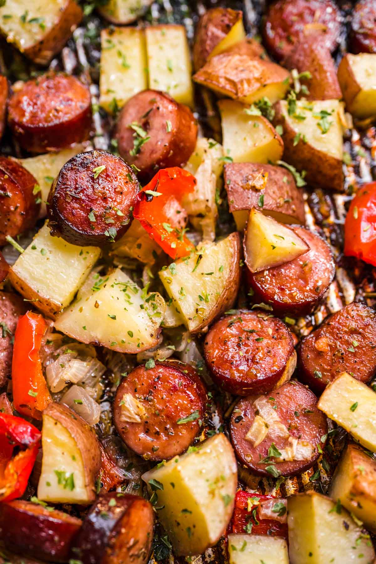 Sheet Pan Sausage and Vegetables on baking sheet after cooking