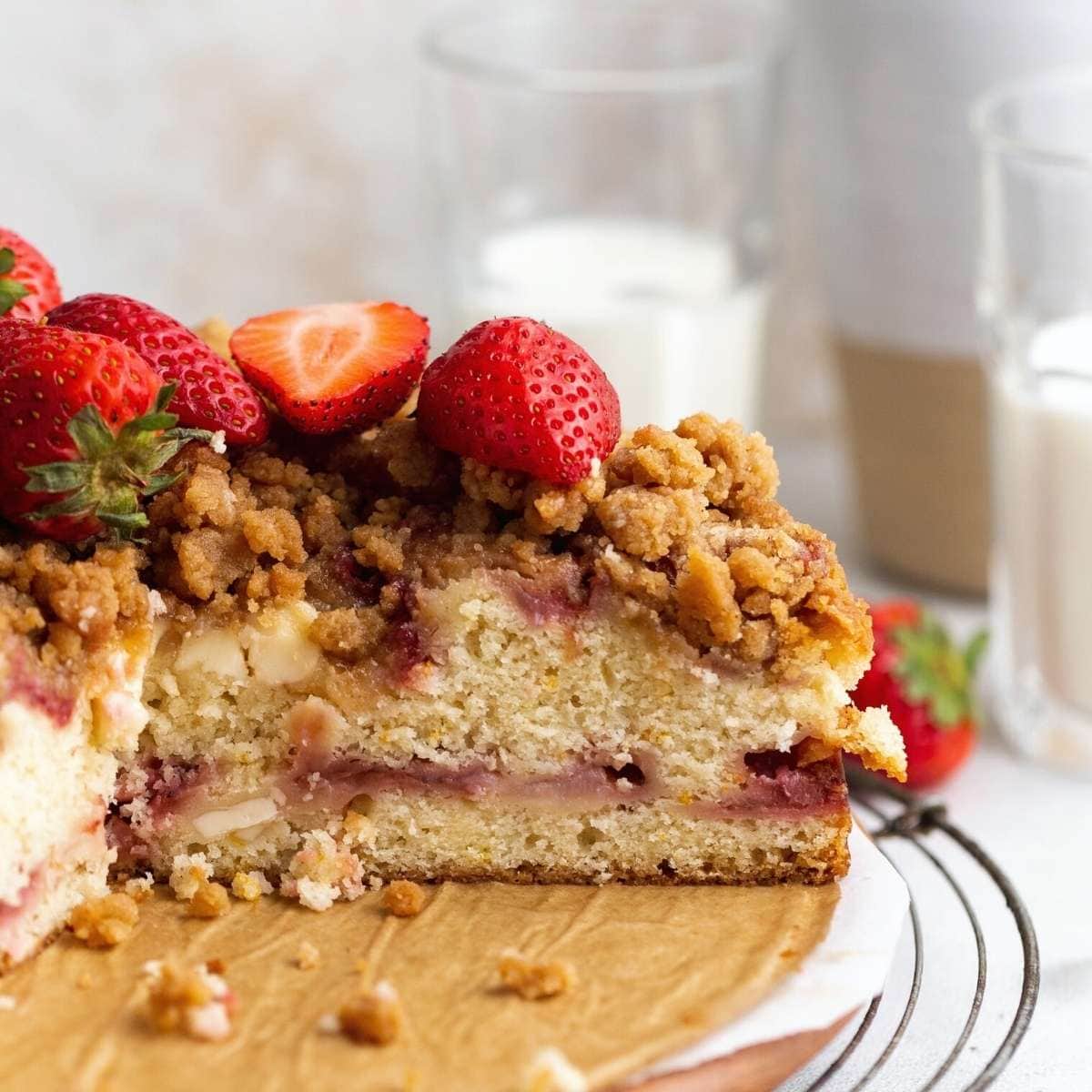 Strawberry Cream Cheese Coffee Cake side view with slice missing