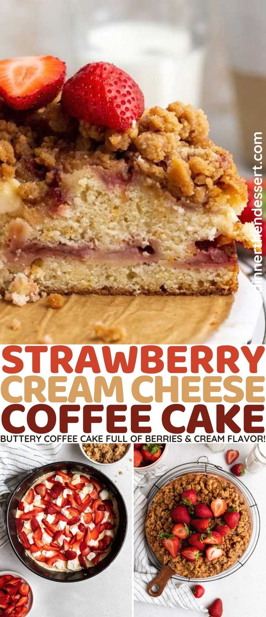 Strawberry Cream Cheese Coffee Cake side view with slice missing
