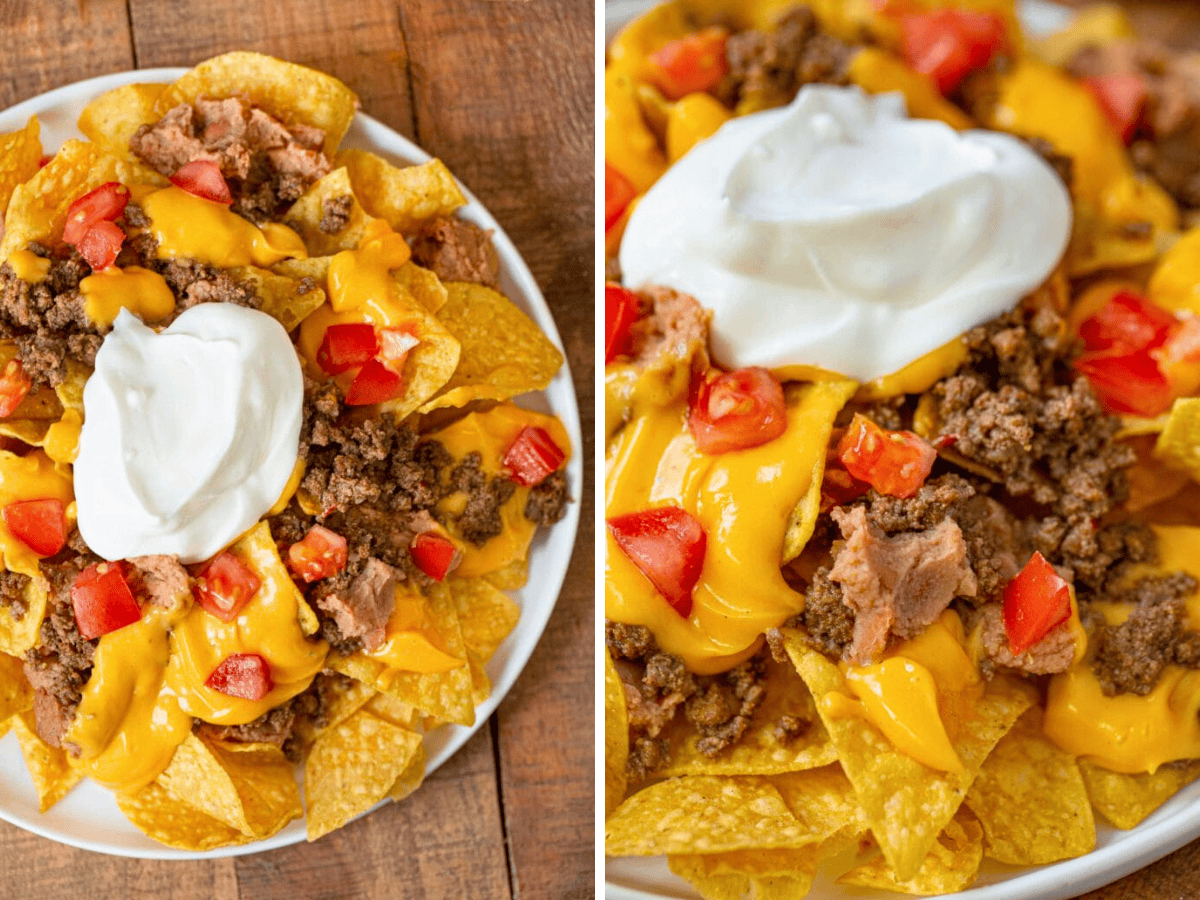 Collage of nachos with toppings