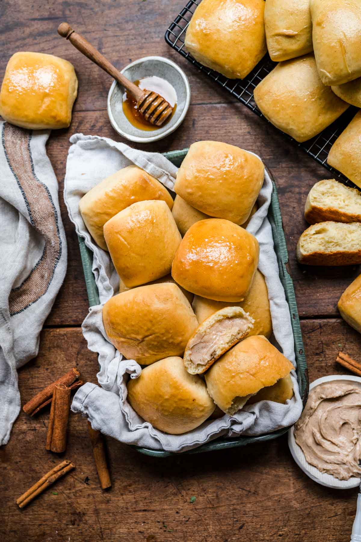 Texas Roadhouse Rolls in serving basket with honey butter