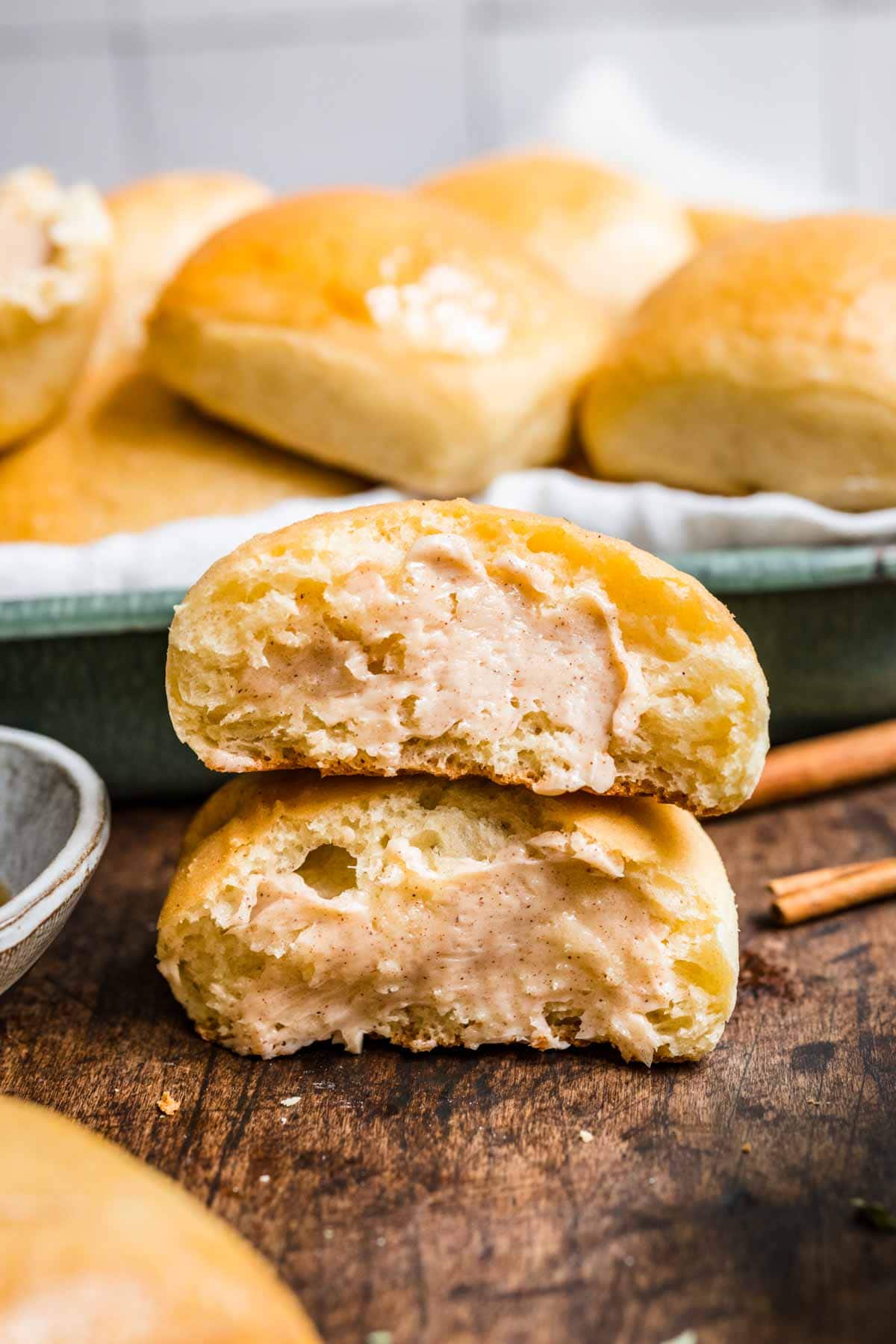 Texas Roadhouse Rolls stacked with honey butter