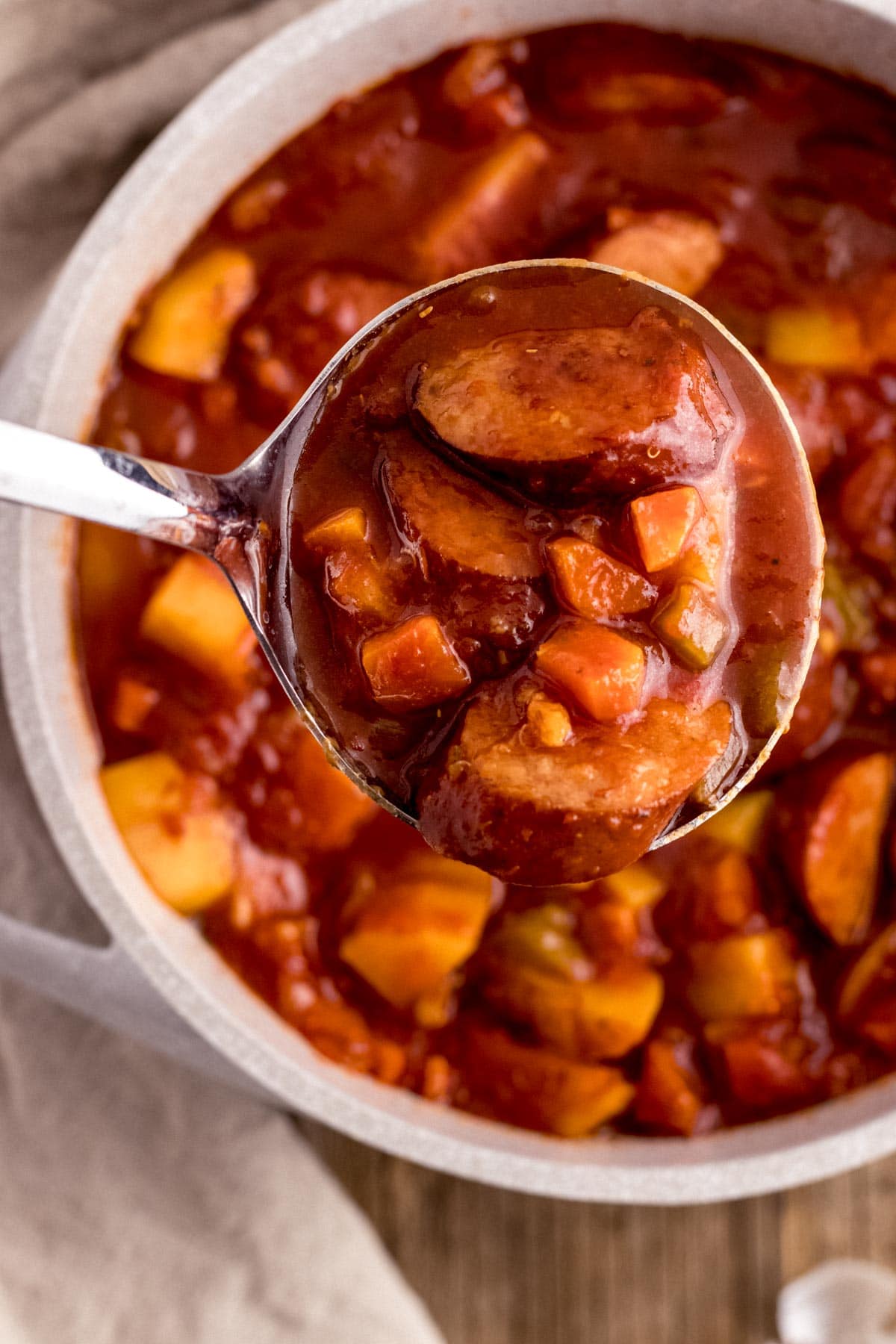 Andouille Sausage Soup in ladle