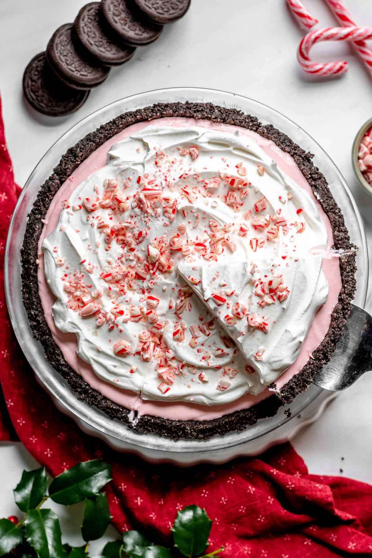 Candy Cane Pie slice being removed