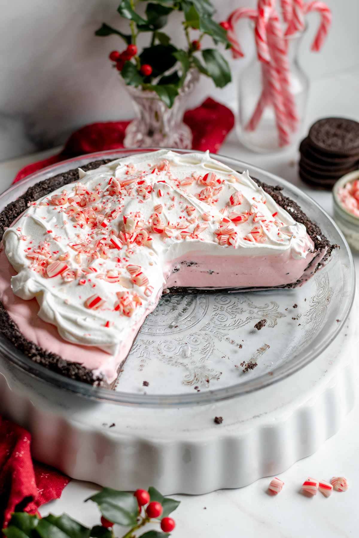 Candy Cane Pie in dish with slices removed