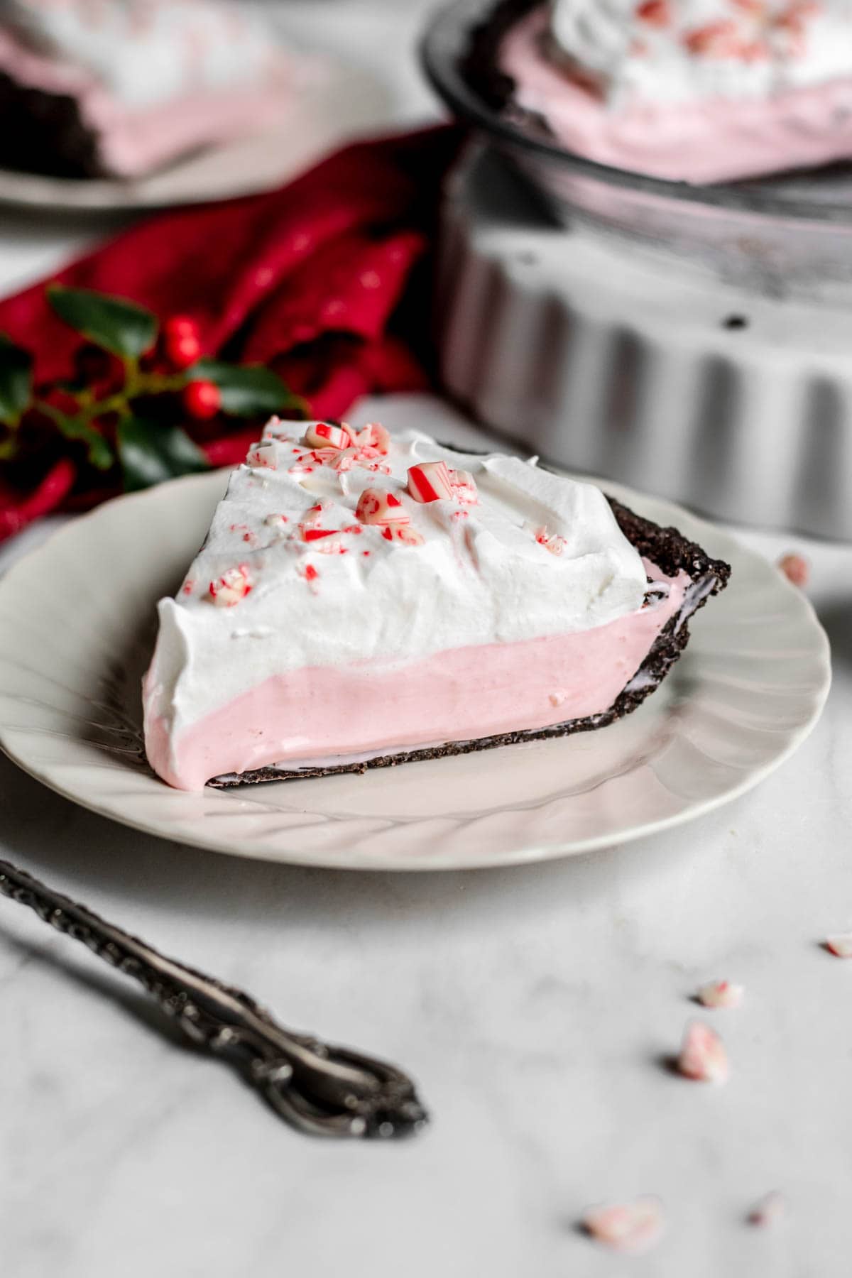 Candy Cane Pie slice on serving plate