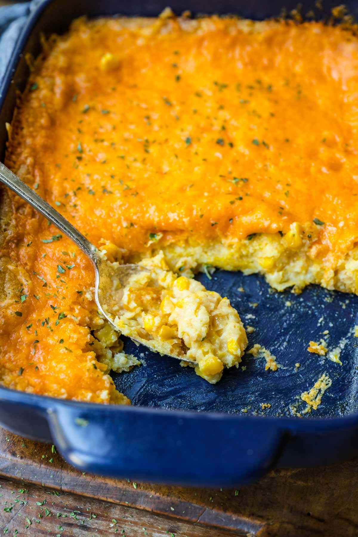 Cheesy Corn Casserole in casserole dish