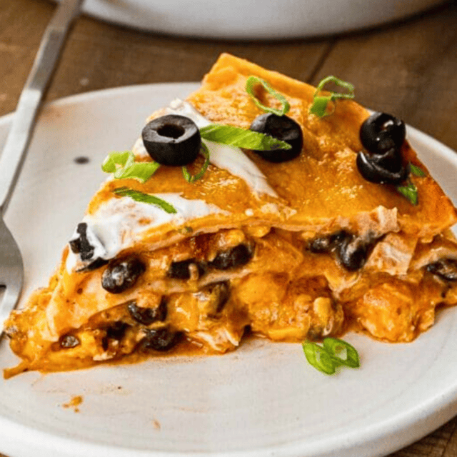 slice of tortilla pie on plate with fork