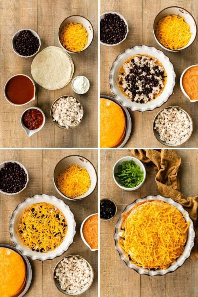 chicken tortilla pie prep collage
