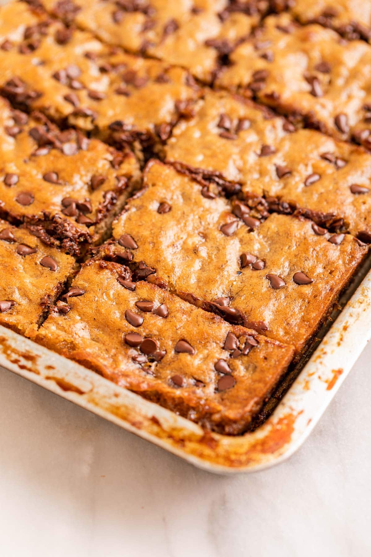 Chocolate Chip Banana Bars cut in baking dish