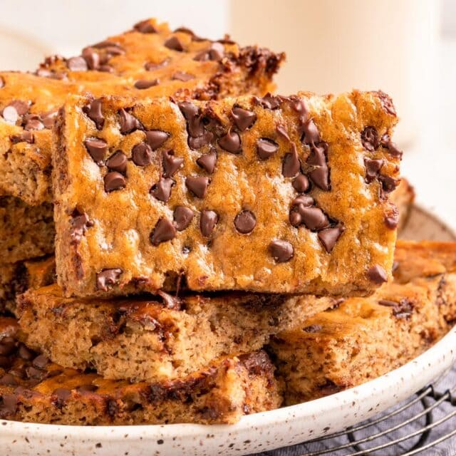Banana Bars stacked on serving platter 4x3