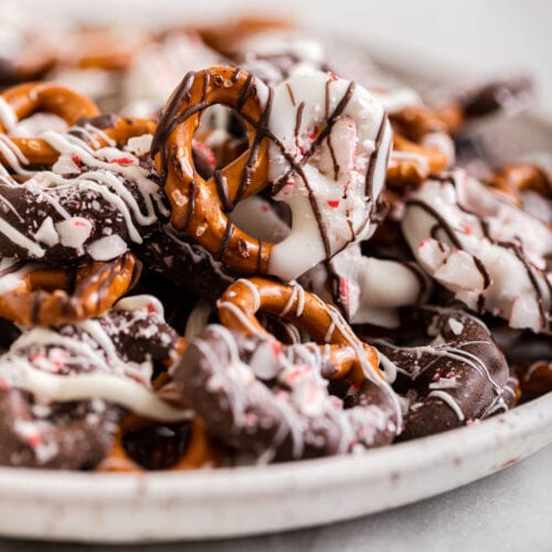 White Chocolate Peppermint Pretzels on serving platter 1x1