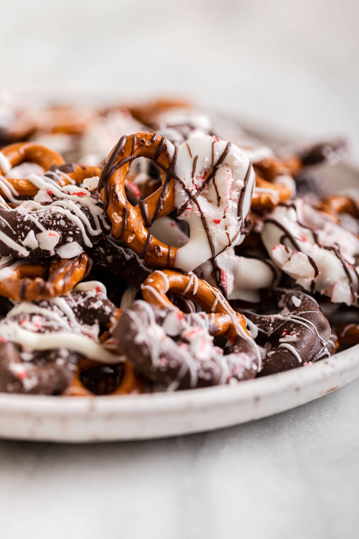 White Chocolate Peppermint Pretzels on serving platter