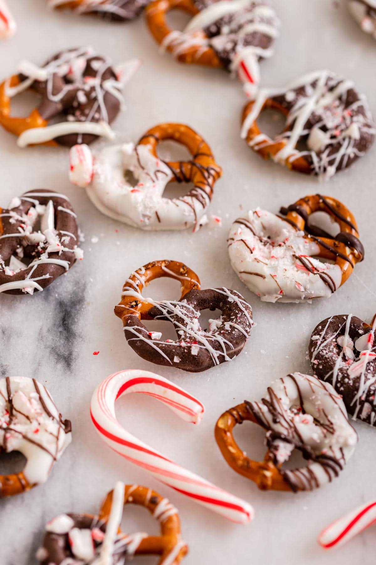 White Chocolate Peppermint Pretzels with candy canes