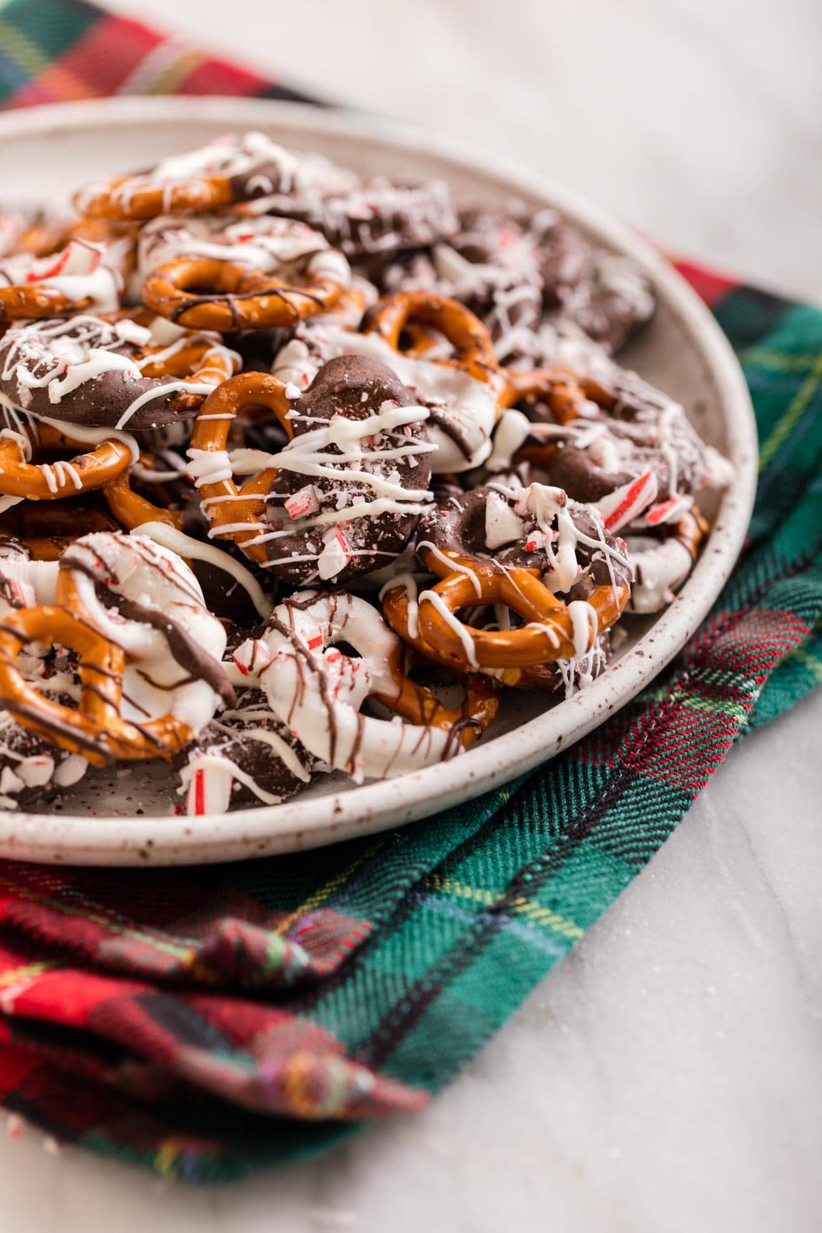 White Chocolate Peppermint Pretzels on serving platter