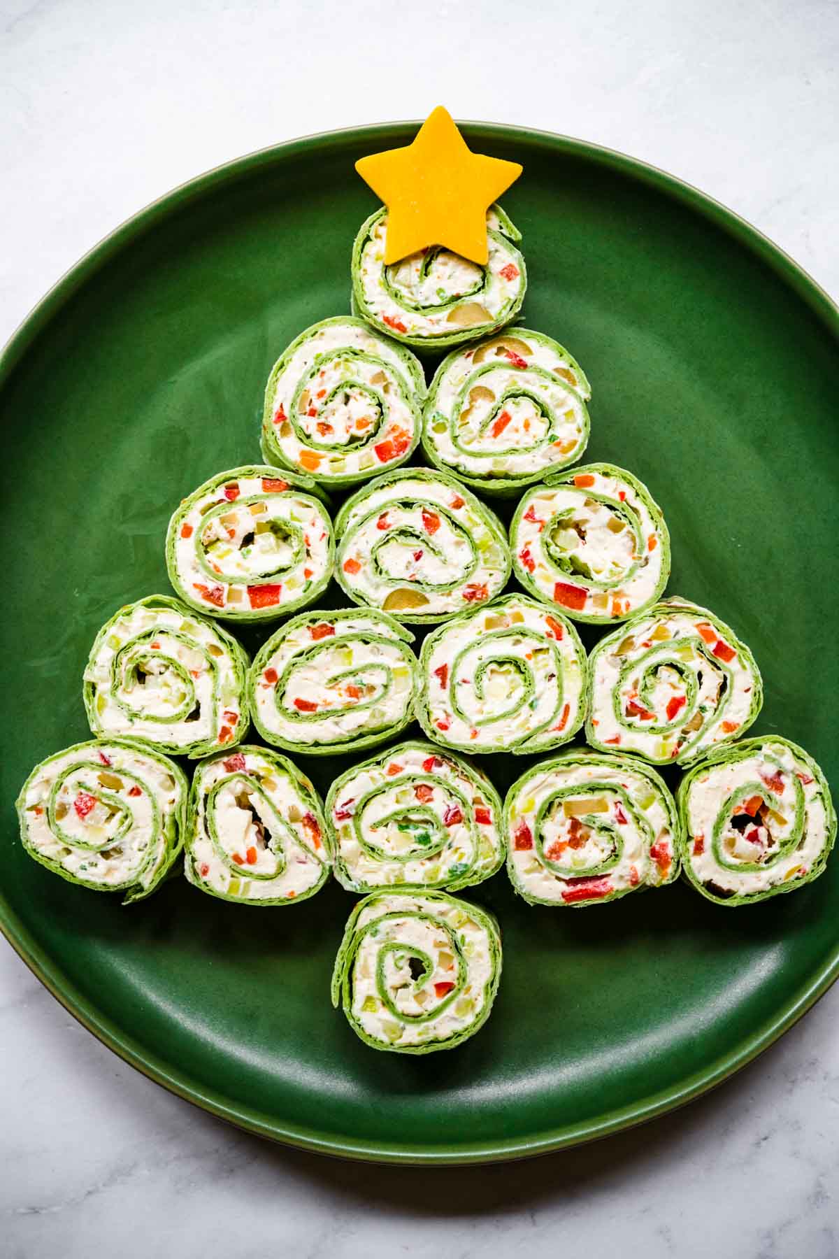 Christmas Pinwheels on serving platter shaped like Christmas tree