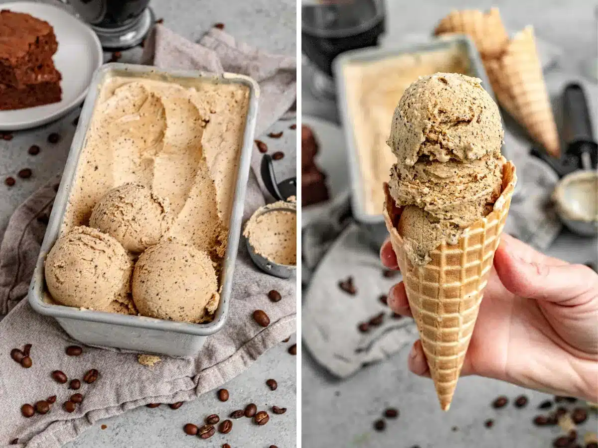 collage of scoops of ice cream in a pan and an ice cream cone with 2 scoops